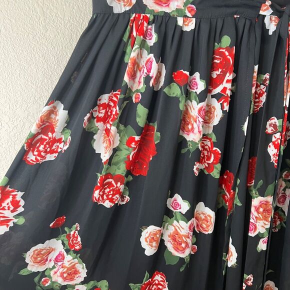 Boohoo Womens Floral Maxi Skirt With Tie Waist Black Red‎ 6 Whimsy Romantic - Picture 5 of 12